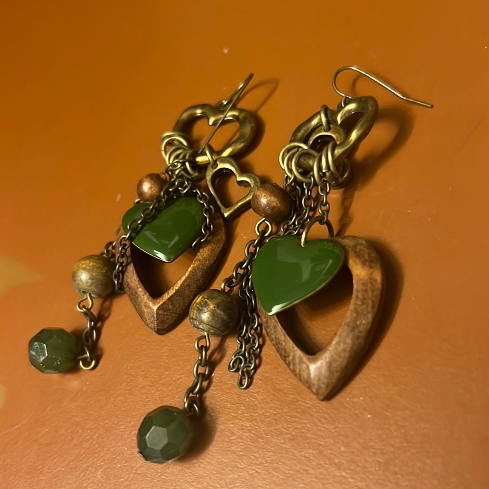 Heart and Wood Dangle Earrings 3/10